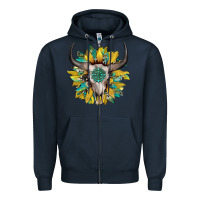 Navy boho bullskull with sunflower and gemstone Zipper Hoodie - Artiststas