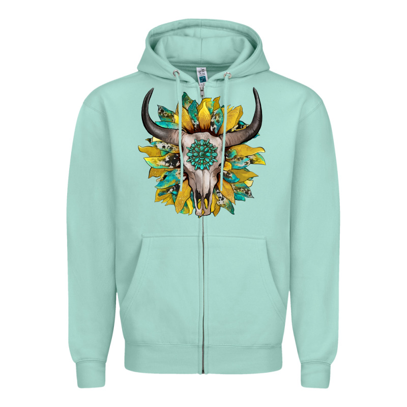 Boho Bullskull With Sunflower And Gemstone Zipper Hoodie by Artiststas | Teevron