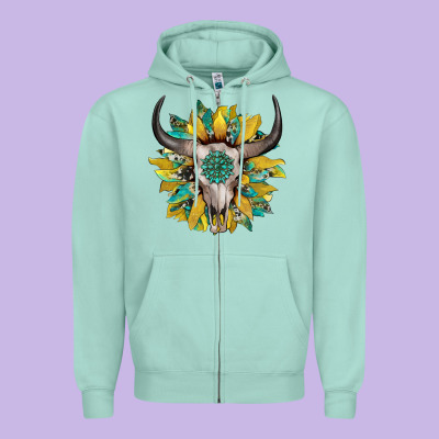 Boho Bullskull With Sunflower And Gemstone Zipper Hoodie Designed By Artiststas
