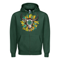 Sports Green boho bullskull with sunflower and gemstone Zipper Hoodie - Artiststas