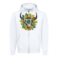 White boho bullskull with sunflower and gemstone Zipper Hoodie - Artiststas