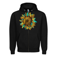 Black sunflower with leopard and turquoise Zipper Hoodie - Artiststas