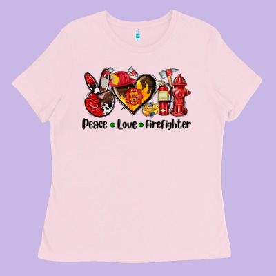 Peace Love Firefighter Ladies Tee Designed By Adodesignshop