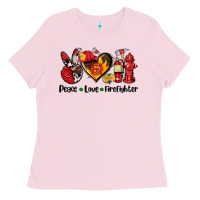 Bubblegum Pink peace love firefighter Ladies Tee - AdoDesignShop