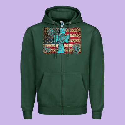 Flag And Turquoise Cross Zipper Hoodie Designed By Adodesignshop