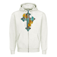 Oatmeal Heather turquoise sunflower cross Zipper Hoodie - AdoDesignShop