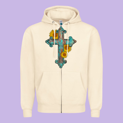 Turquoise Sunflower Cross Zipper Hoodie Designed By Adodesignshop