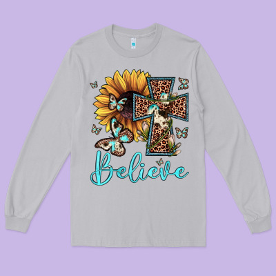 Believe Leopard Cross Sunflower Butterfly Long Sleeve Tee Designed By Jahusdesignshop