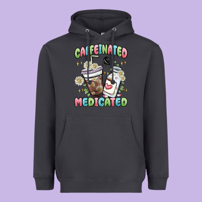 Caffeinated And Medicated Heavyweight Hoodie Designed By Maliassmallbusiness