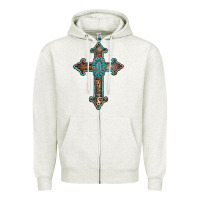 Oatmeal Heather turquoise cross Zipper Hoodie - AdoDesignShop