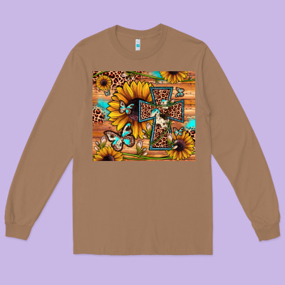 Cross Sunflower Butterfly Long Sleeve Tee Designed By Jahusdesignshop