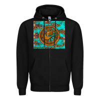 Black cowboy hat turquoise aztec background old wheel Zipper Hoodie - Artiststas
