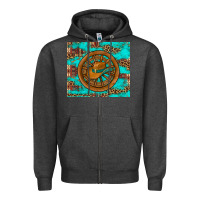 Charcoal Heather cowboy hat turquoise aztec background old wheel Zipper Hoodie - Artiststas