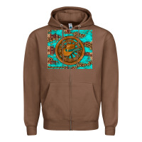 Chestnut cowboy hat turquoise aztec background old wheel Zipper Hoodie - Artiststas