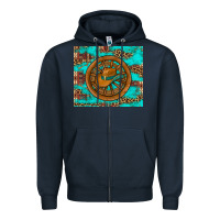 Navy cowboy hat turquoise aztec background old wheel Zipper Hoodie - Artiststas