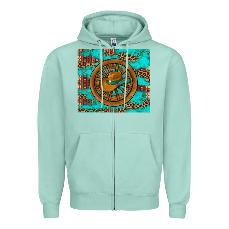 Cowboy Hat Turquoise Aztec Background Old Wheel Zipper Hoodie by Artiststas | Teevron