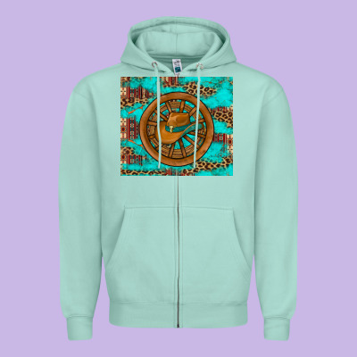Cowboy Hat Turquoise Aztec Background Old Wheel Zipper Hoodie Designed By Artiststas