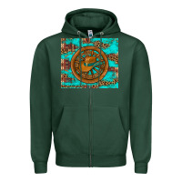 Sports Green cowboy hat turquoise aztec background old wheel Zipper Hoodie - Artiststas