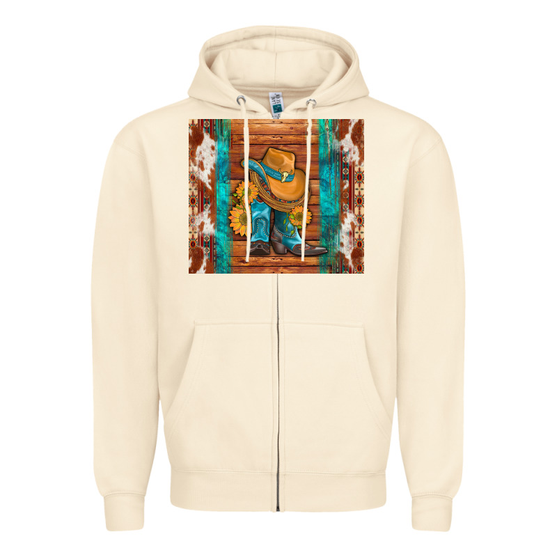 Cowboy Boots Turquoise Aztec Cowhide Zipper Hoodie by Artiststas | Teevron