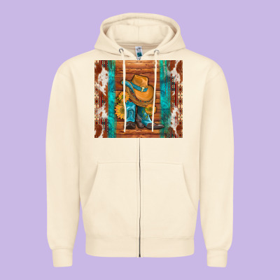 Cowboy Boots Turquoise Aztec Cowhide Zipper Hoodie Designed By Artiststas