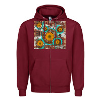 Burgundy sunflowers and western old wheel aztec cowhide background Zipper Hoodie - Artiststas