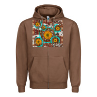 Chestnut sunflowers and western old wheel aztec cowhide background Zipper Hoodie - Artiststas