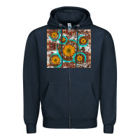 Navy sunflowers and western old wheel aztec cowhide background Zipper Hoodie - Artiststas
