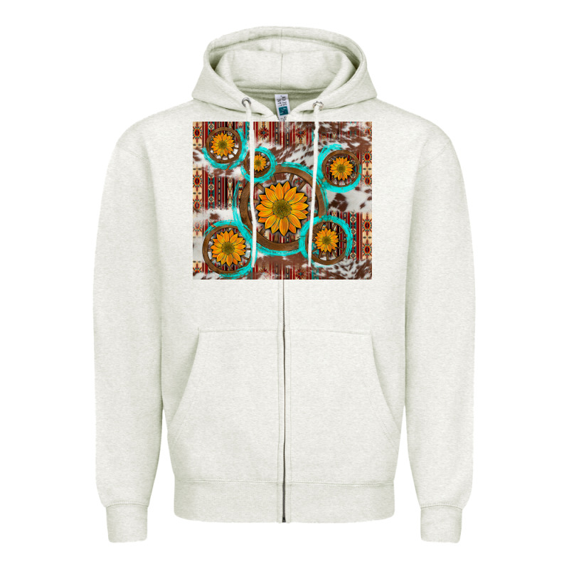 Sunflowers And Western Old Wheel Aztec Cowhide Background Zipper Hoodie by Artiststas | Teevron