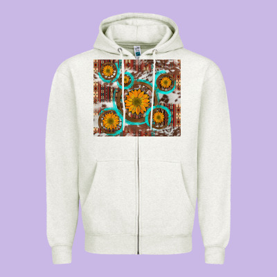 Sunflowers And Western Old Wheel Aztec Cowhide Background Zipper Hoodie Designed By Artiststas