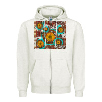 Oatmeal Heather sunflowers and western old wheel aztec cowhide background Zipper Hoodie - Artiststas