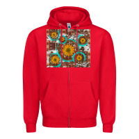 Red sunflowers and western old wheel aztec cowhide background Zipper Hoodie - Artiststas