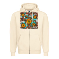 Sandshell sunflowers and western old wheel aztec cowhide background Zipper Hoodie - Artiststas