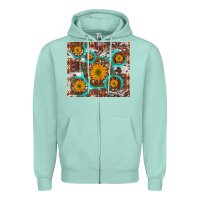 Seafoam sunflowers and western old wheel aztec cowhide background Zipper Hoodie - Artiststas