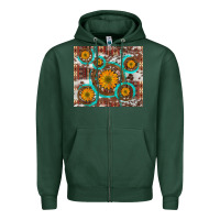 Sports Green sunflowers and western old wheel aztec cowhide background Zipper Hoodie - Artiststas