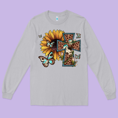 Leopard Cross Sunflower Butterfly Long Sleeve Tee Designed By Jahusdesignshop