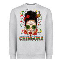 Heather Grey Mexicana Skull Girl Messy Bun Heavyweight Sweatshirt - texasbilliewilder