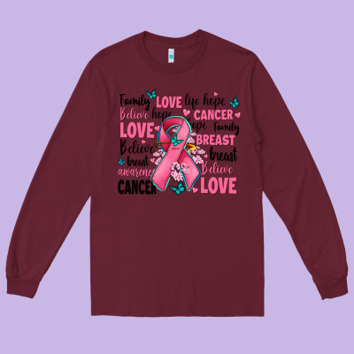 Breast Cancer Ribbons With Cancer Words Long Sleeve Tee Designed By Adodesignshop