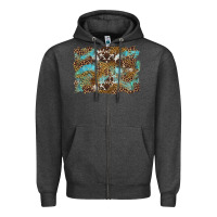 Charcoal Heather western leopards and turquoise with cowhide background Zipper Hoodie - Artiststas