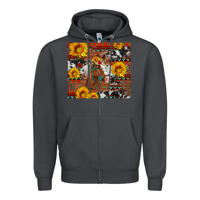 Western Horse With Sunflowers And Aztec Leopard Cowhide Zipper Hoodie by Artiststas | Teevron