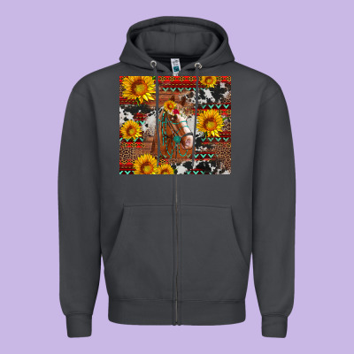 Western Horse With Sunflowers And Aztec Leopard Cowhide Zipper Hoodie Designed By Artiststas