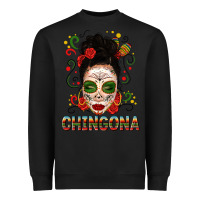 Black Mexicana Skull Girl Messy Bun Heavyweight Sweatshirt - texasbilliewilder