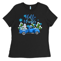 Black hello winter with sniwman and  truck Ladies Tee - AdoDesignShop