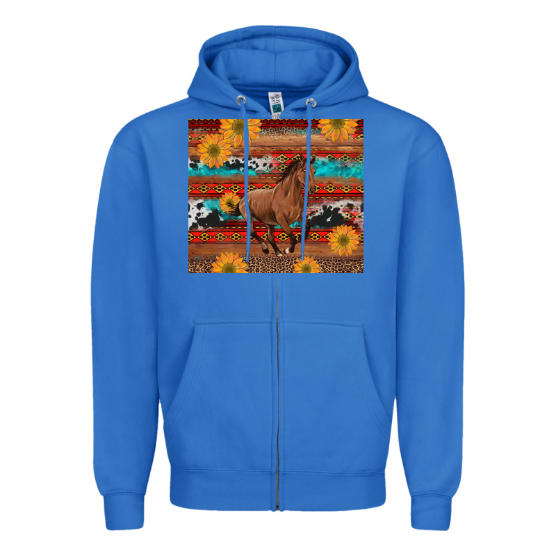 Western Horse And Sunflowers Cowhide Leopard With Aztec Zipper Hoodie by Artiststas | Teevron