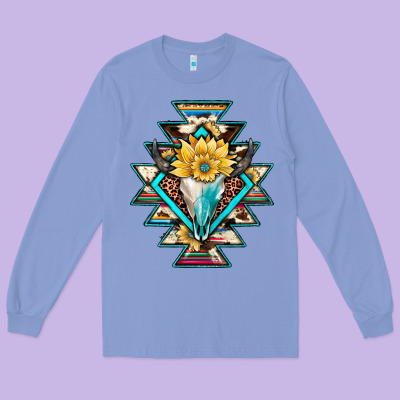 Cowhide Leopard Bull Skull Aztec Long Sleeve Tee Designed By Jahusdesignshop