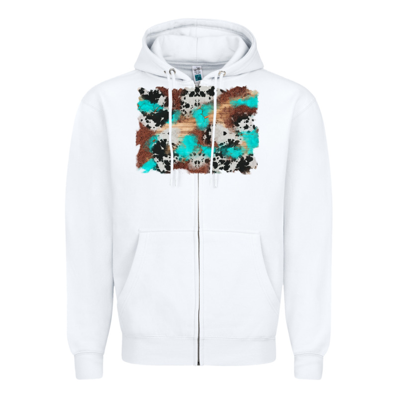 Western Cowhide Turquoise And Wood Background Zipper Hoodie by Artiststas | Teevron