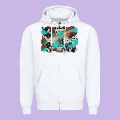 Western Cowhide Turquoise And Wood Background Zipper Hoodie Designed By Artiststas