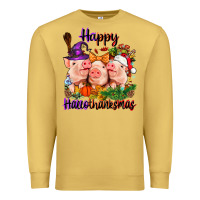 Antique Gold Happy Hallothanksmas Pigs Premium Sweatshirt - NancyCooperArtShop