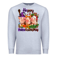 Heather Grey Happy Hallothanksmas Pigs Premium Sweatshirt - NancyCooperArtShop