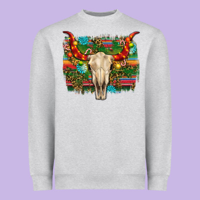 Western Christmas Bull Skull Heavyweight Sweatshirt Designed By Ranaportraitstore