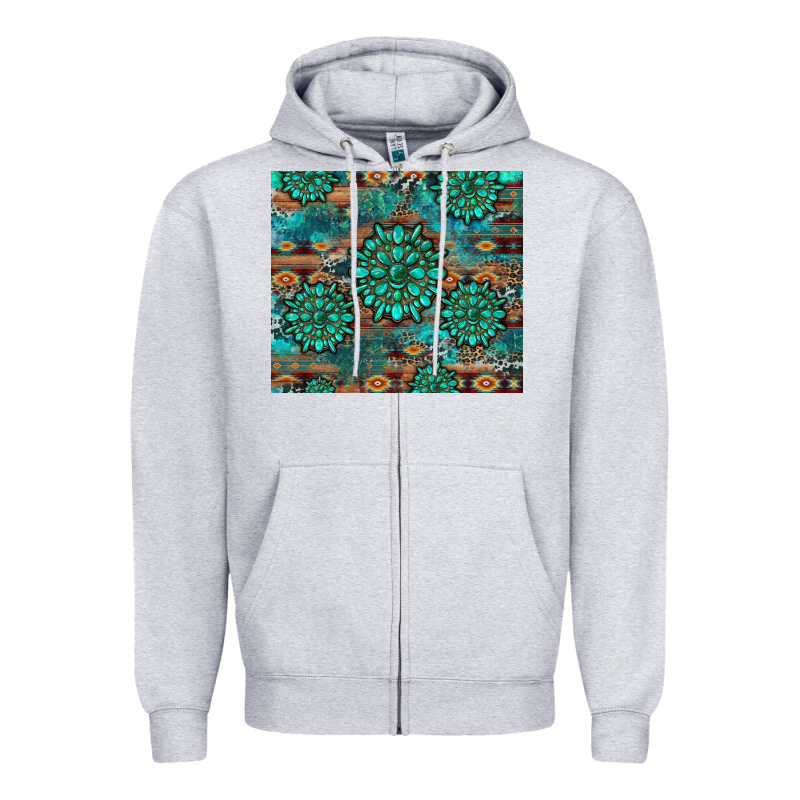 Gemstone Turquoises Aztec Leopard Cowhide Zipper Hoodie by Artiststas | Teevron